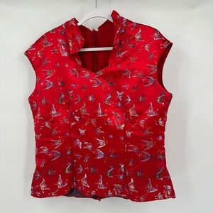 Womens Handmade Red Butterfly Brocade Cheongsam Style Top Size XL Silk Mandarin